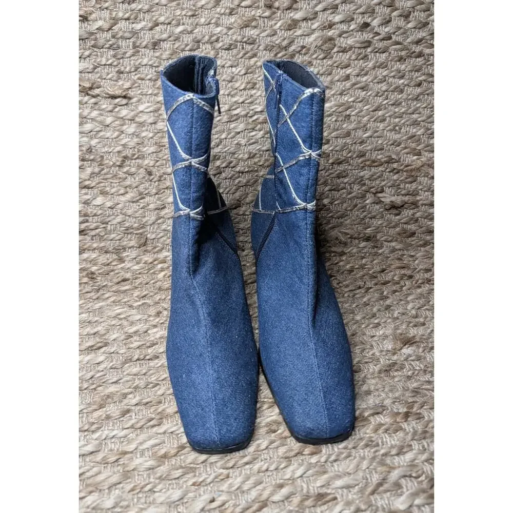 Annie Women’s Denim Blue Ankle Booties Block Heel Boots Silver Accents Sz. 11 M